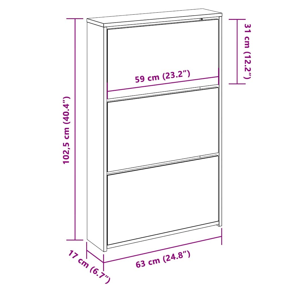Shoe Cabinet with Mirror 3-Layer Black 63x17x102.5 cm