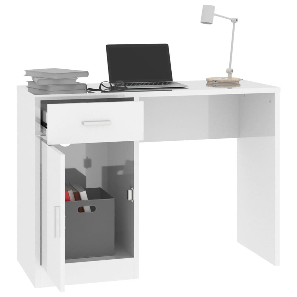 vidaXL Desk with Drawer&Cabinet High Gloss White 100x40x73 cm Engineered Wood