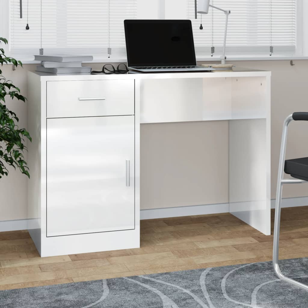 vidaXL Desk with Drawer&Cabinet High Gloss White 100x40x73 cm Engineered Wood