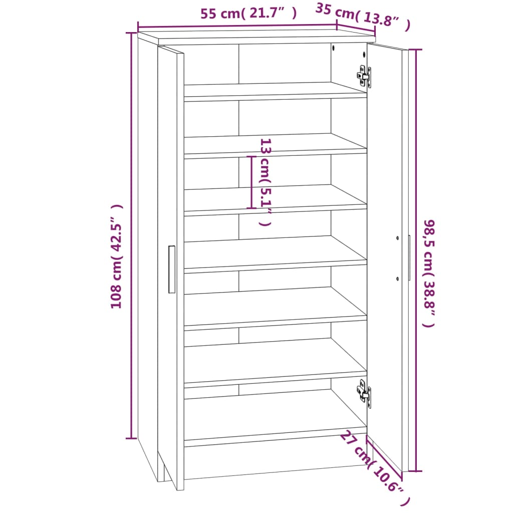 Shoe Cabinet High Gloss White 55x35x108 cm Engineered Wood