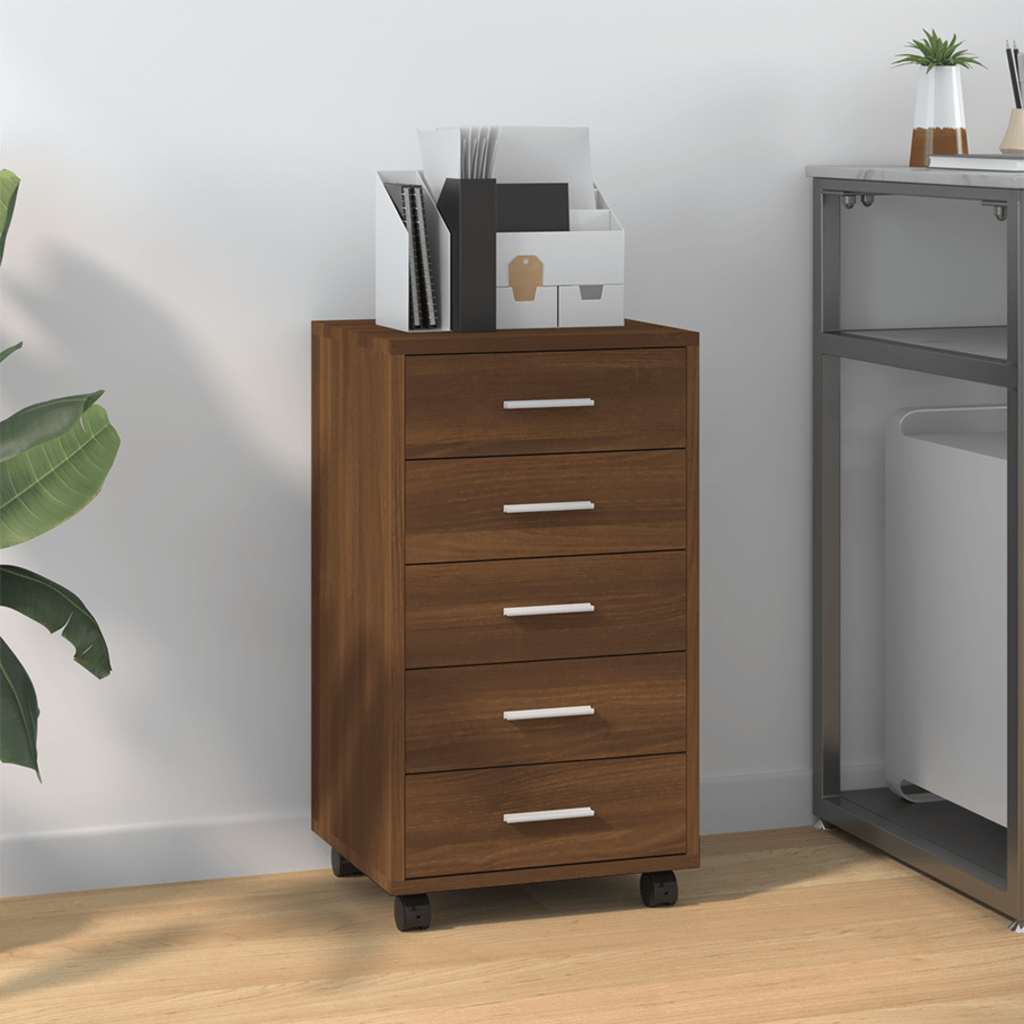Drawer Cabinet with Castors Brown Oak Engineered Wood