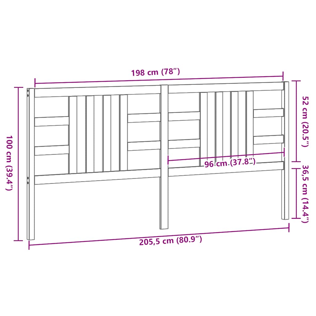 Bed Headboard Black 206x4x100 cm Solid Wood Pine