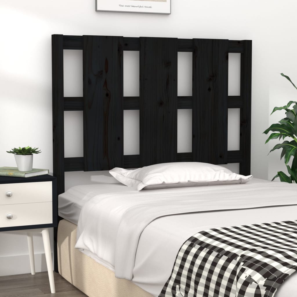 Bed Headboard | Black | Solid Pine Wood | Medium | Decorative Inlays