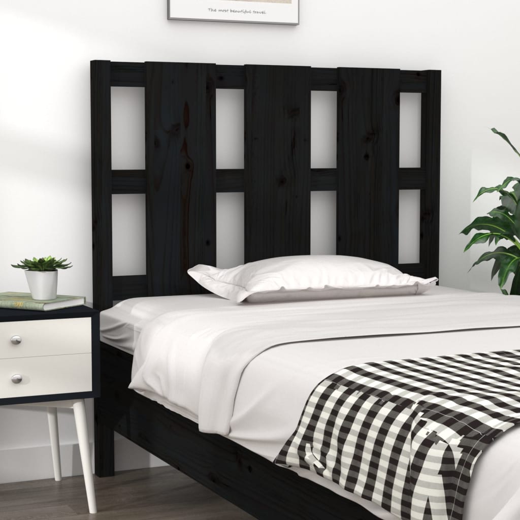 Bed Headboard | Black | Solid Pine Wood | Medium | Decorative Inlays