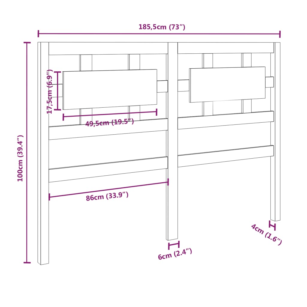 vidaXL Bed Headboard Black 185.5x4x100 cm Solid Wood Pine