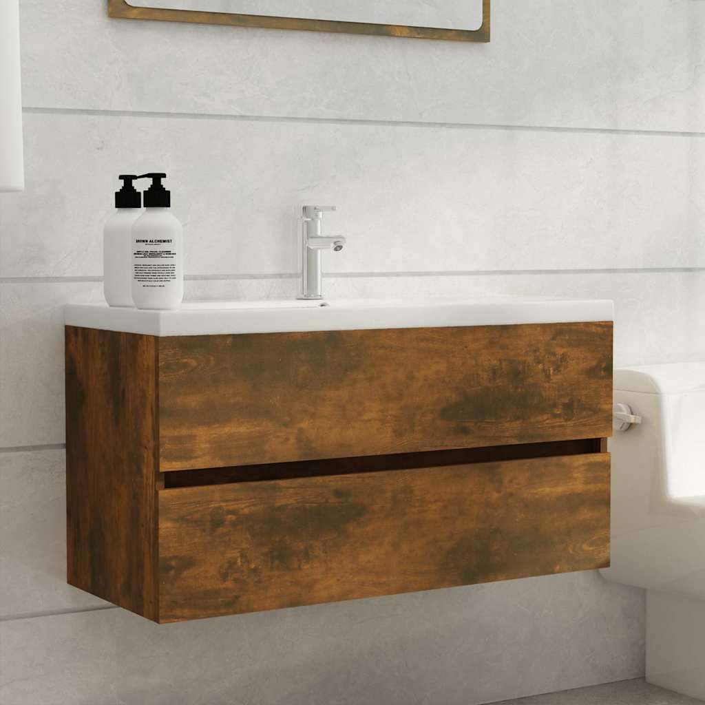 815654 vidaXL Sink Cabinet Smoked Oak 90x38,5x45 cm Engineered Wood