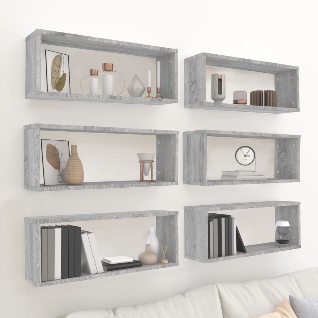 vidaXL Wall Cube Shelves 6 pcs Grey Sonoma 60x15x23 cm Engineered Wood