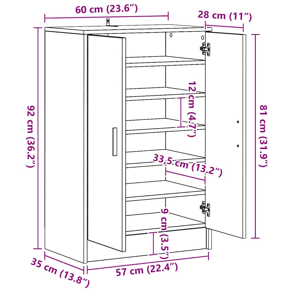 Shoe Cabinet Grey Sonoma 60x35x92 cm Engineered Wood
