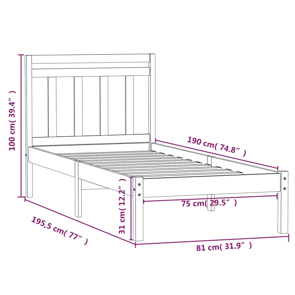 Bed Frame | Natural wood | Solid pine wood | Small Single | Durable