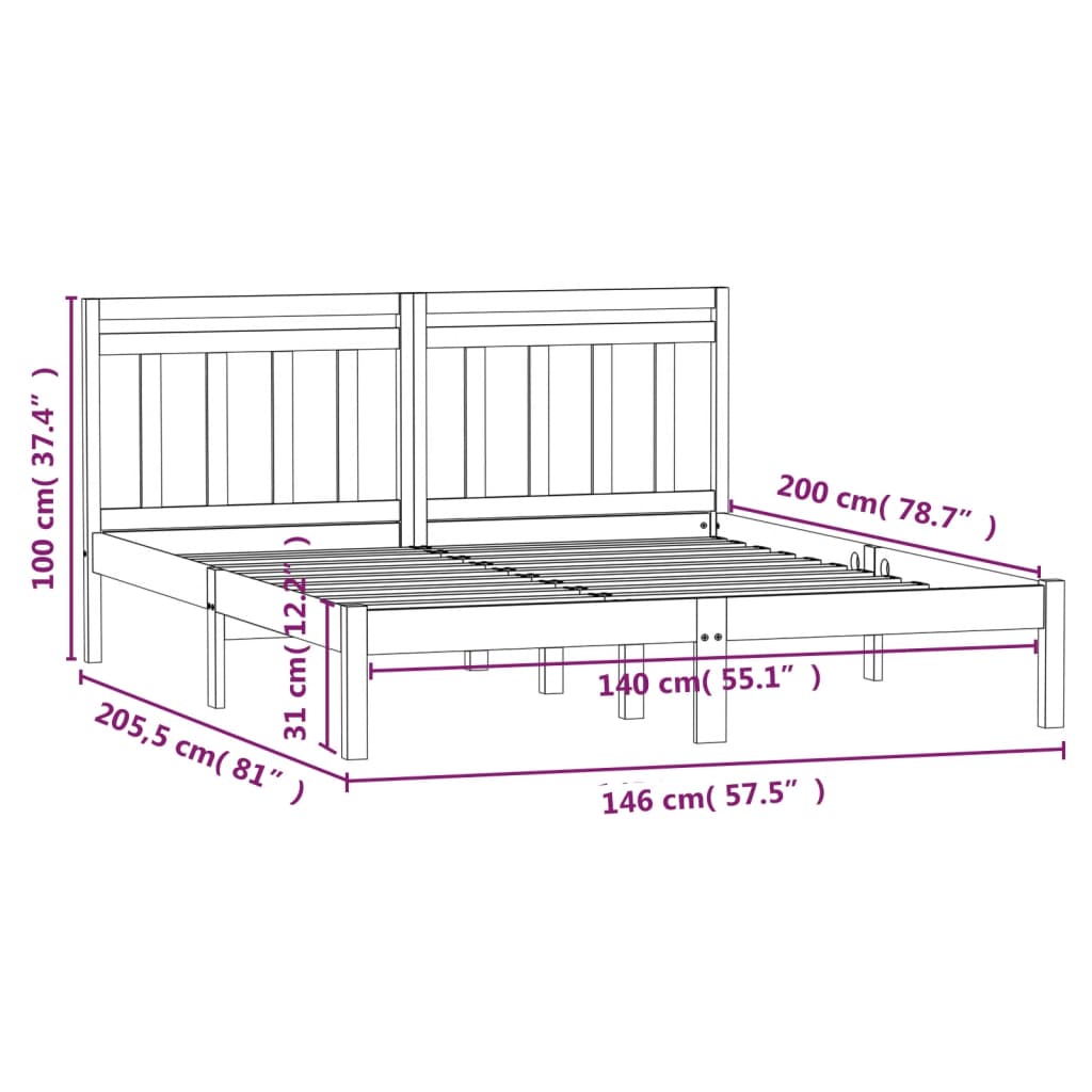 3100593 vidaXL Bed Frame without Mattress Black Solid Wood 140x200 cm (810021+814098)