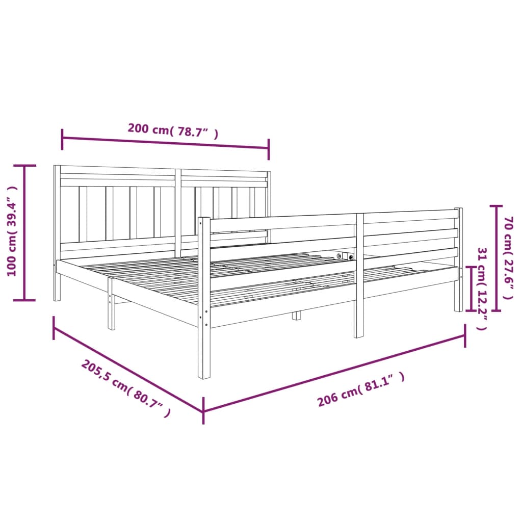 3100676 vidaXL Bed Frame without Mattress Grey Solid Wood 200x200 cm (810452+814116)