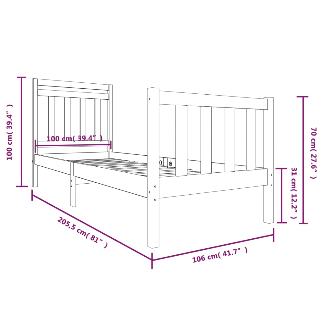 3100709 vidaXL Bed Frame without Mattress Solid Wood 100x200 cm (810072+814079)