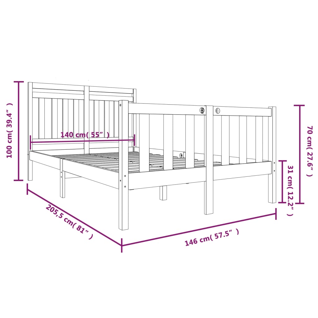 3100959 vidaXL Bed Frame without Mattress White Solid Wood 140x200 cm (810083+814095)