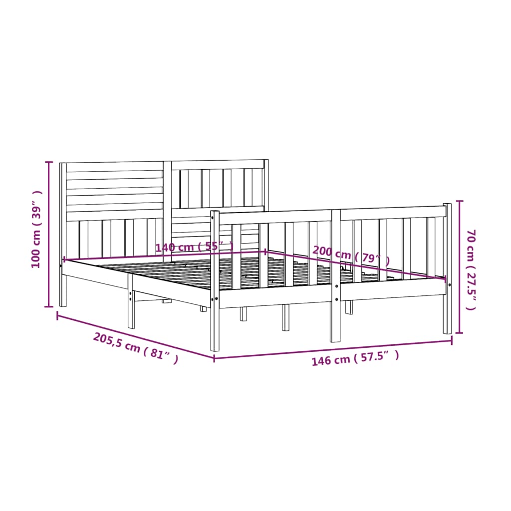 3101157 vidaXL Bed Frame without Mattress Black Solid Wood 140x200 cm (810086+814148)