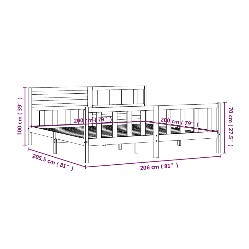 3101177 vidaXL Bed Frame without Mattress Black Solid Wood 200x200 cm (810106+814168)