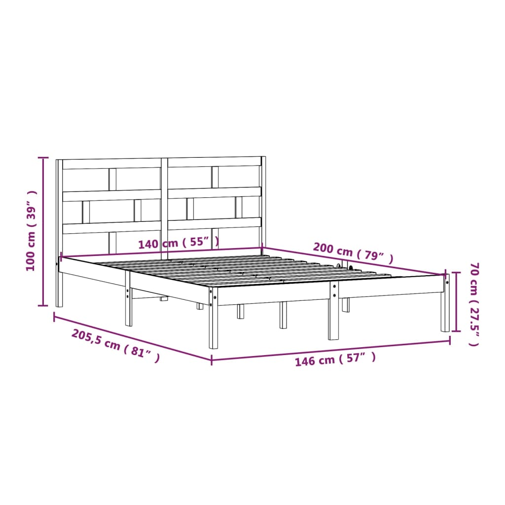Bed Frame | Natural Pine | Solid Pine Wood | 140 x 200 cm | Rectangular