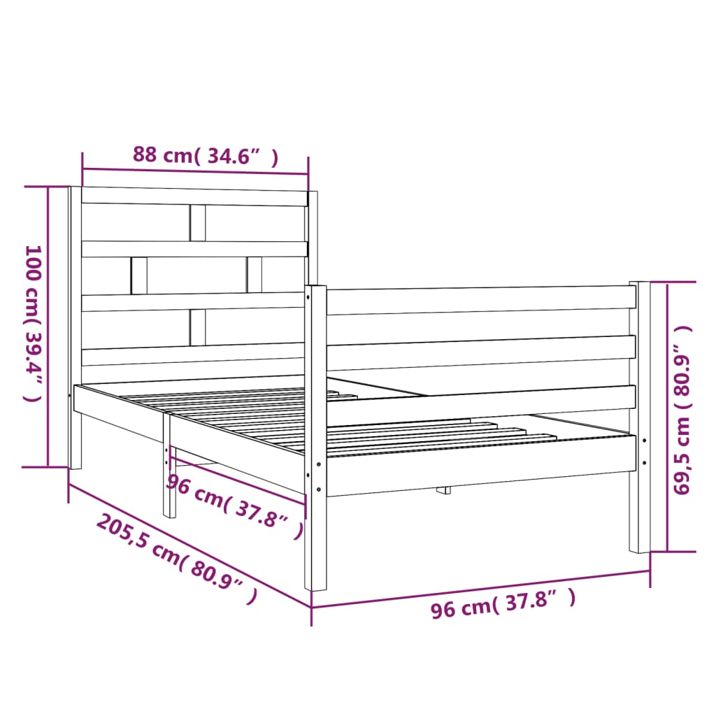 3101268 vidaXL Bed Frame without Mattress Solid Wood 90x200 cm (810415+814174)