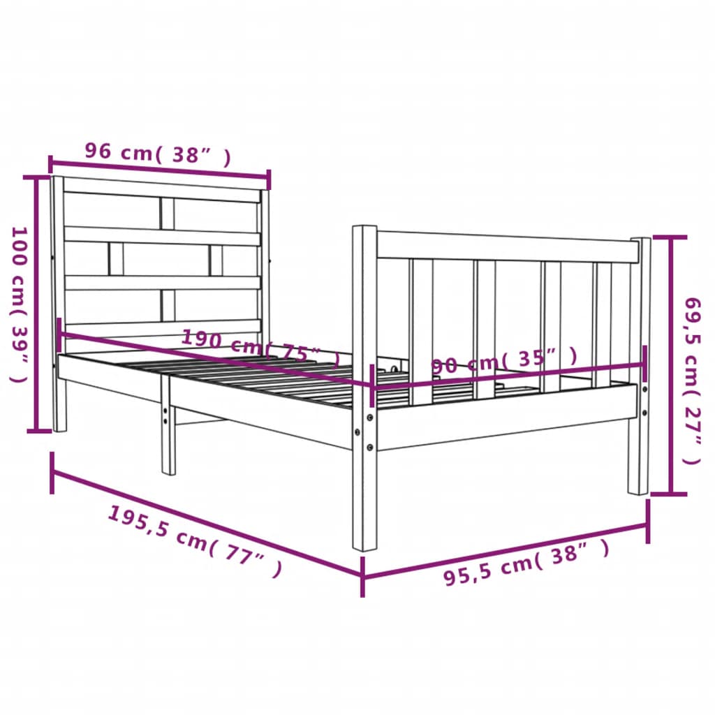 vidaXL Bed Frame without Mattress White Solid Wood Pine Single