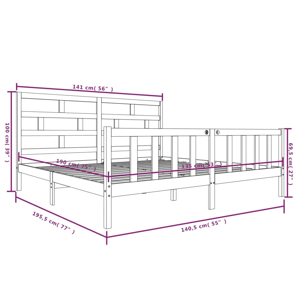 vidaXL Bed Frame without Mattress Black Solid Wood Pine Double