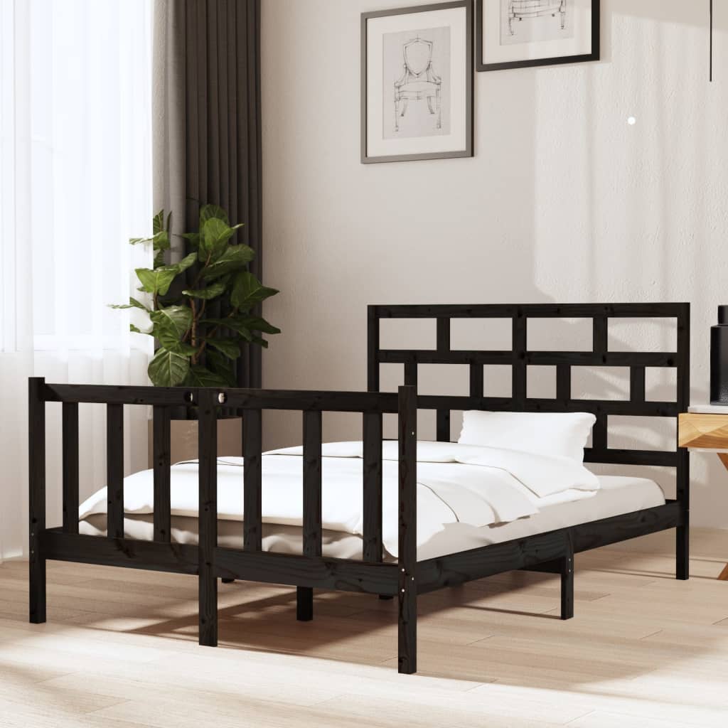 vidaXL Bed Frame without Mattress Black Solid Wood Pine Double