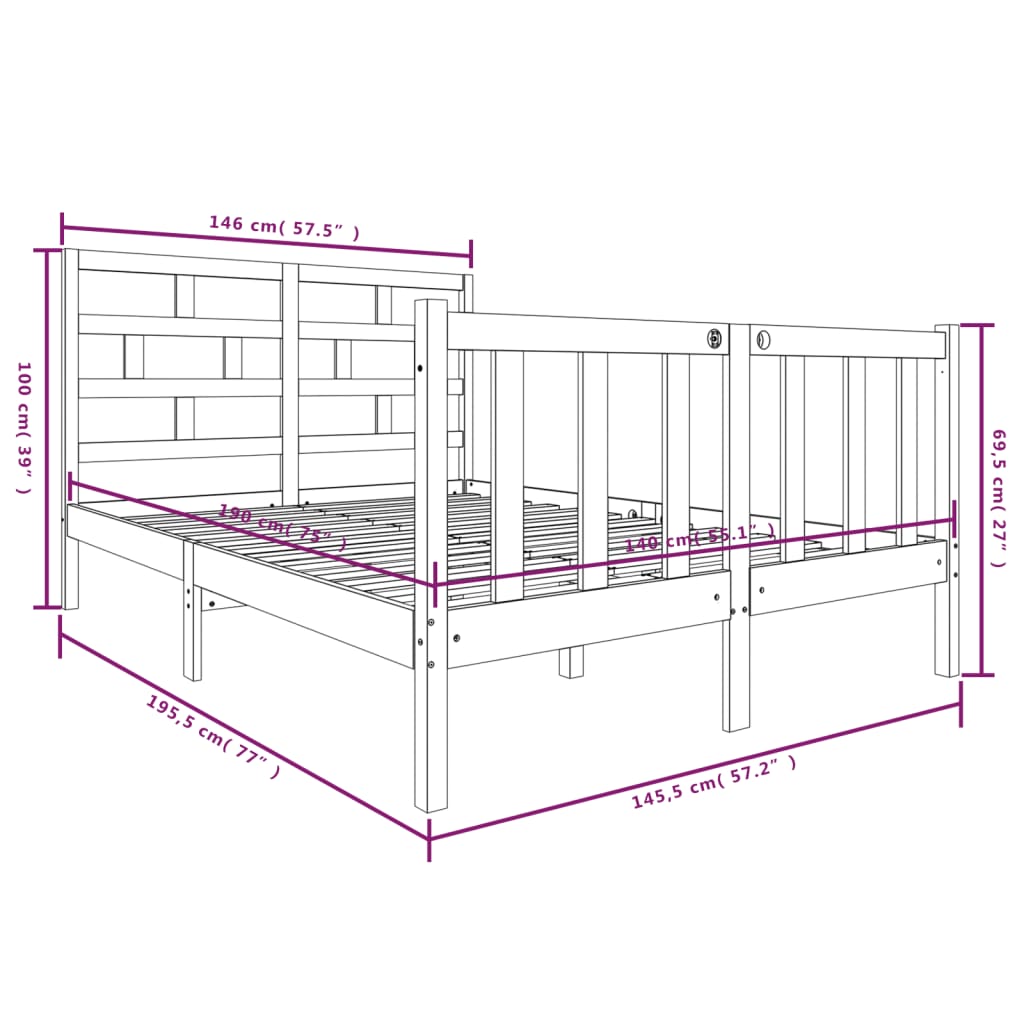 3101328 vidaXL Bed Frame without Mattress Solid Wood 140x190 cm (810062+814194)