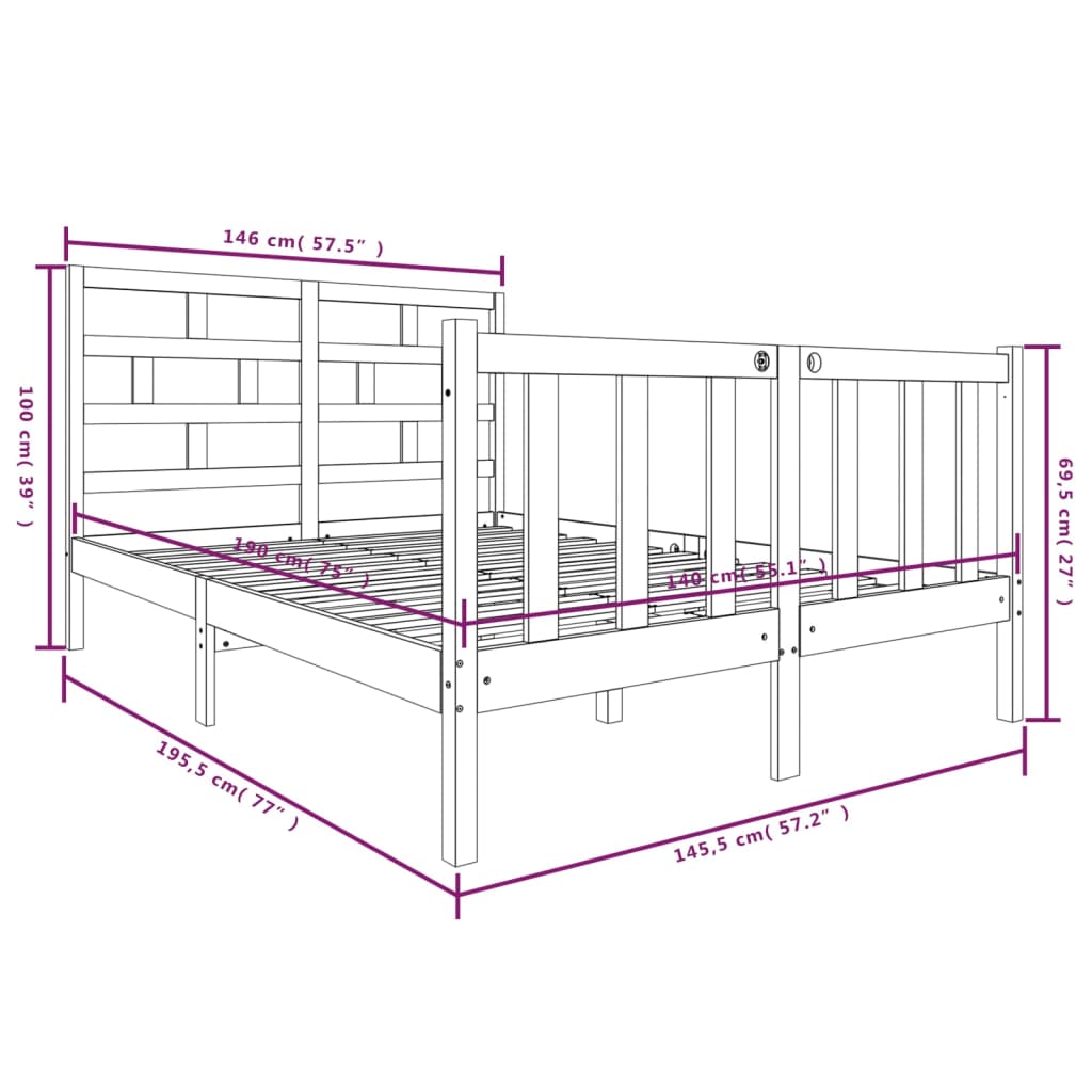 3101332 vidaXL Bed Frame without Mattress Black Solid Wood 140x190 cm (810066+814198)