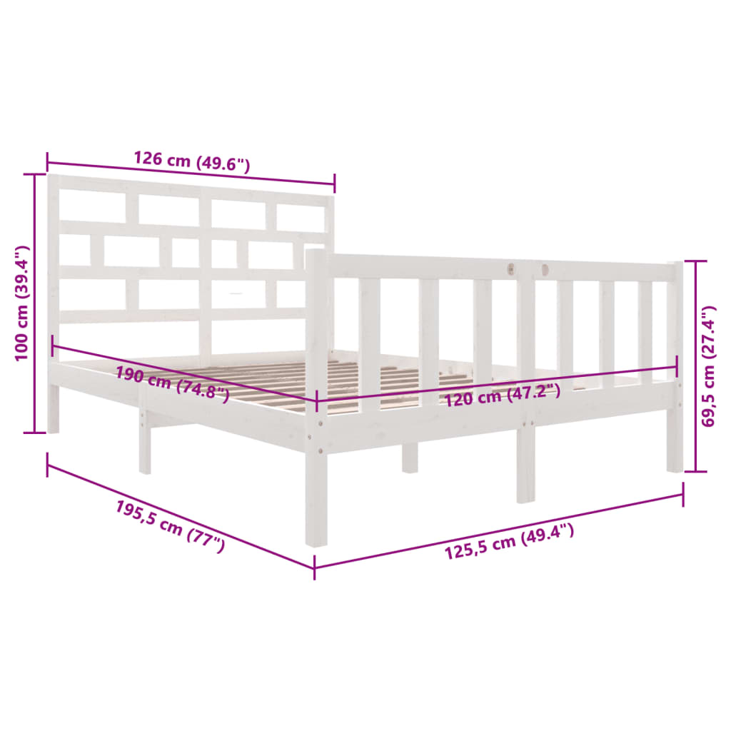 3101344 vidaXL Bed Frame without Mattress White Solid Wood 120x200 cm (810078+814185)