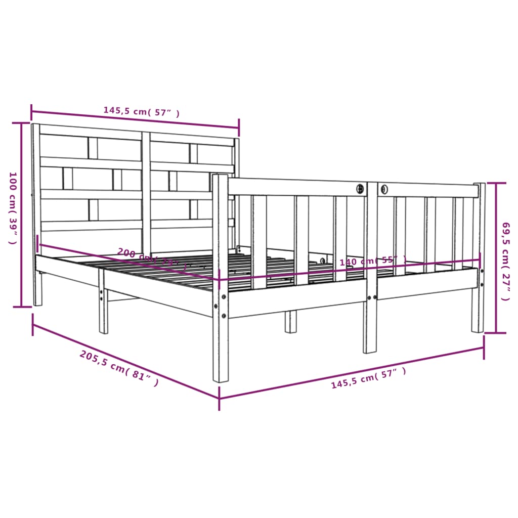 3101352 vidaXL Bed Frame without Mattress Black Solid Wood 140x200 cm (810086+814198)