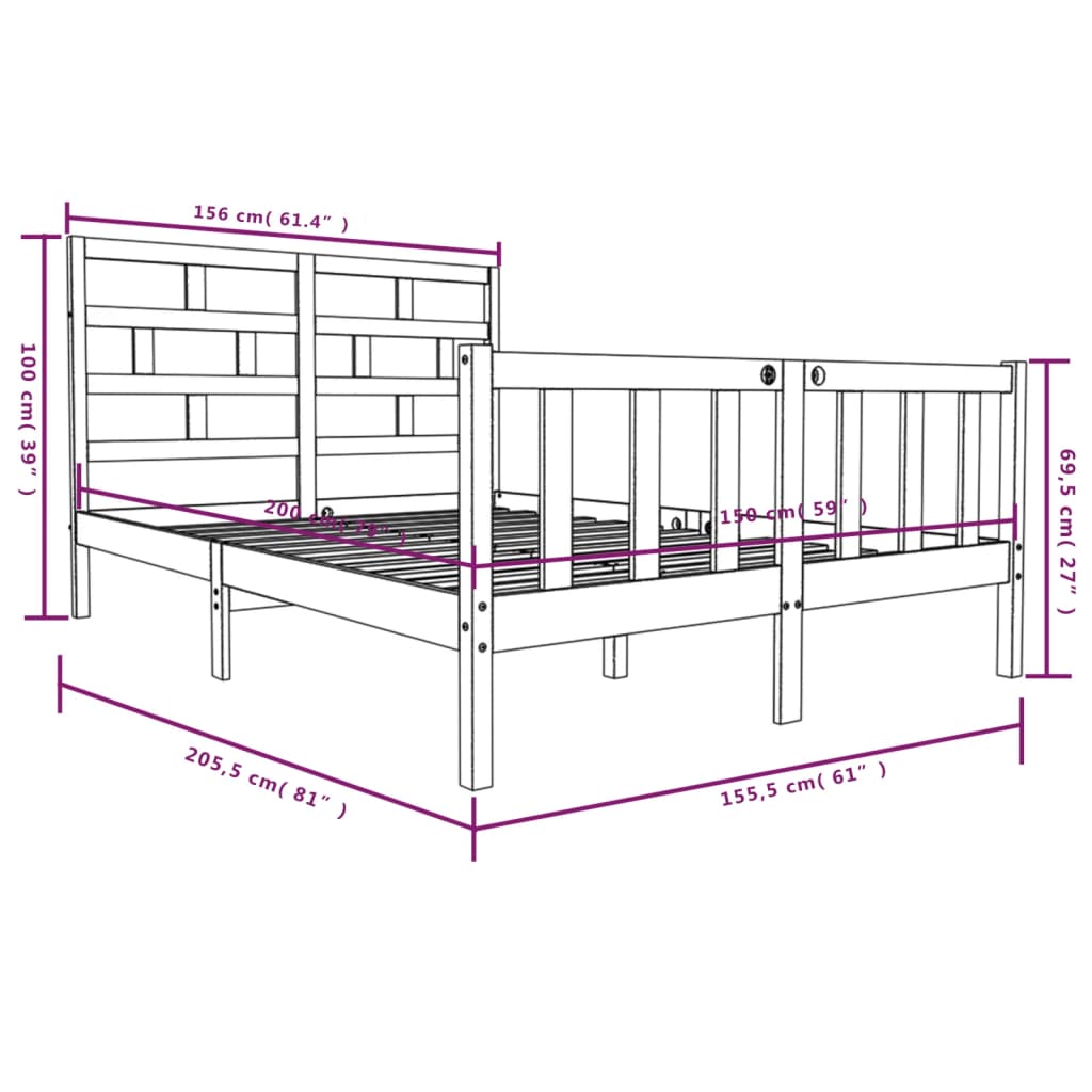 vidaXL Bed Frame without Mattress Black Solid Wood Pine King Size