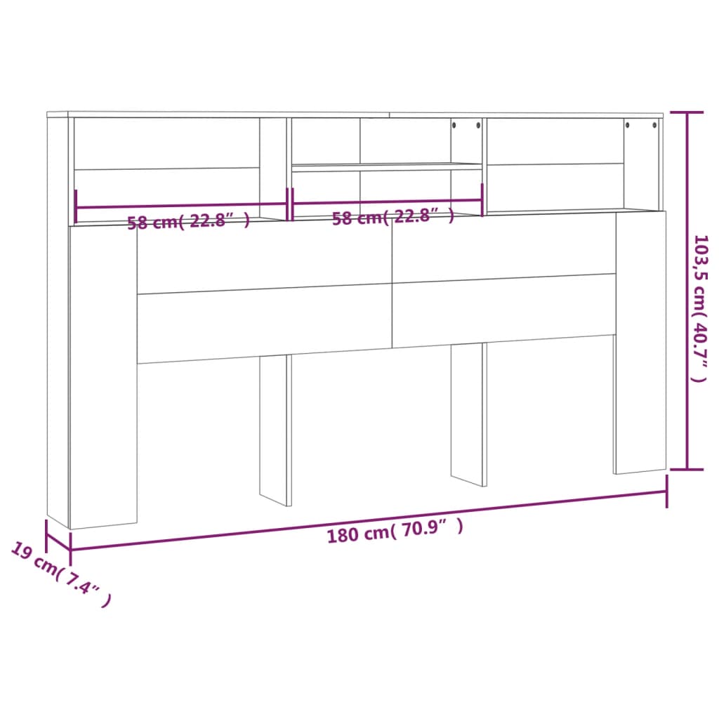 vidaXL Headboard Cabinet Black 180x19x103.5 cm