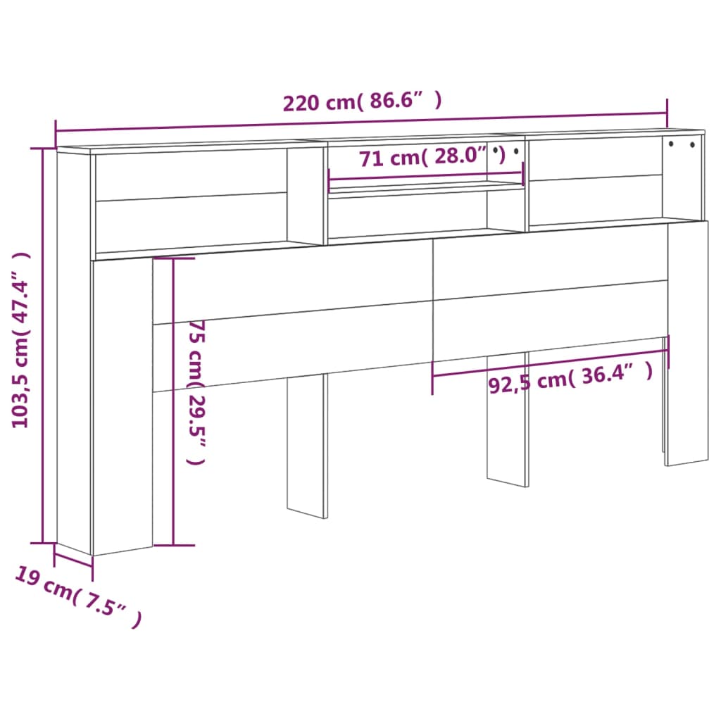 vidaXL Headboard Cabinet Concrete Grey 220x19x103.5 cm