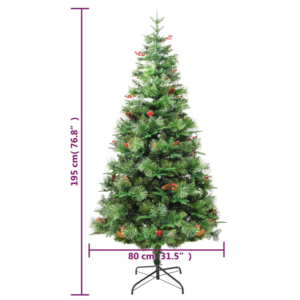 vidaXL Pre-lit Christmas Tree with Pine Cones Green 195 cm PVC&PE