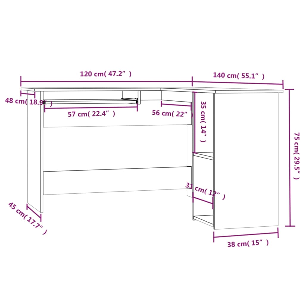 vidaXL Corner Desk Smoked Oak 120x140x75 cm Engineered Wood