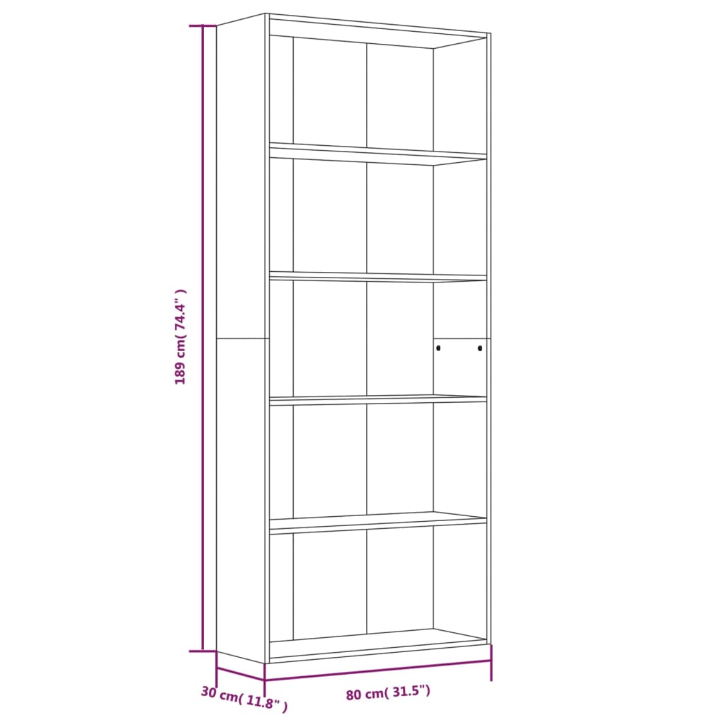 vidaXL 5-Tier Book Cabinet Brown Oak 80x30x189 cm Engineered Wood