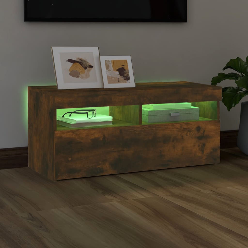 vidaXL TV Cabinet with LED Lights Smoked Oak 90x35x40 cm