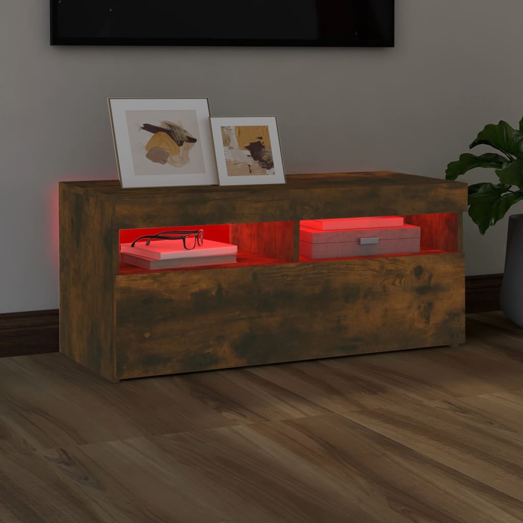 vidaXL TV Cabinet with LED Lights Smoked Oak 90x35x40 cm