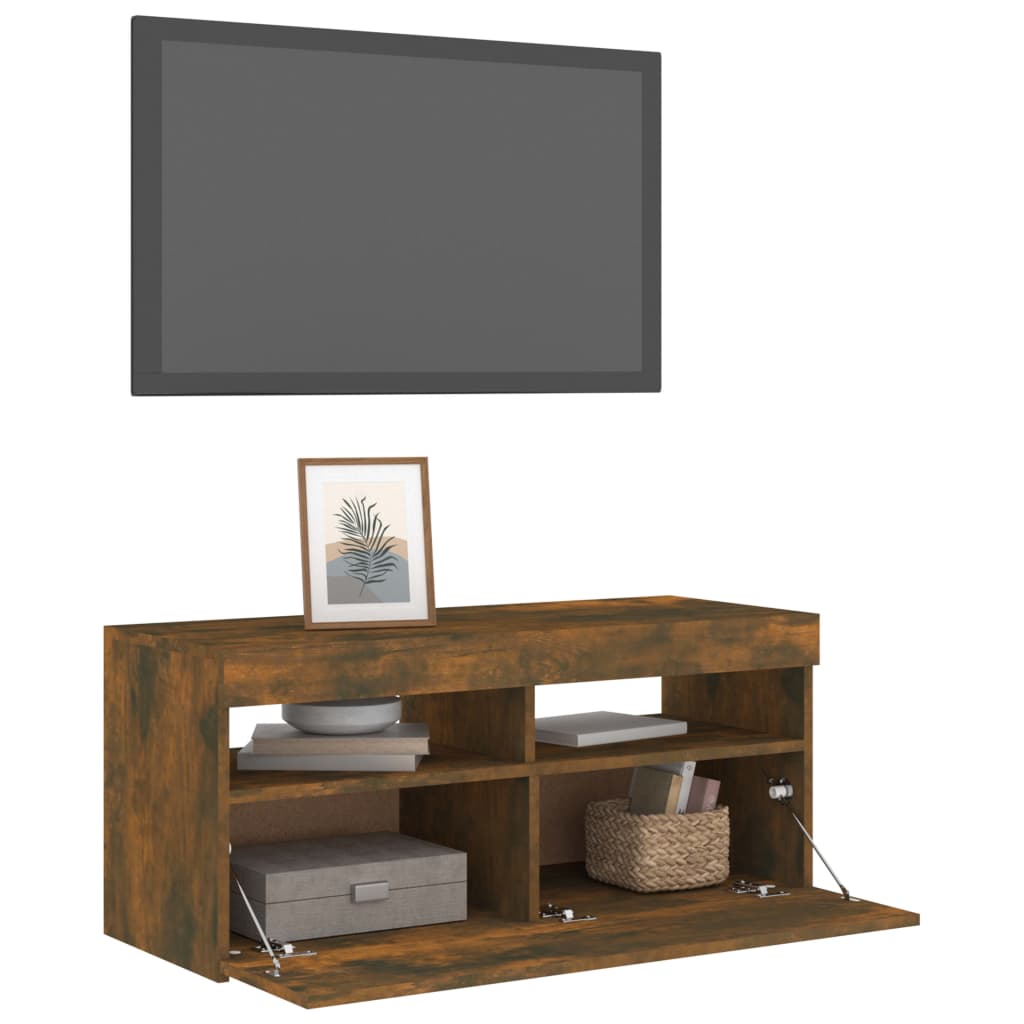 vidaXL TV Cabinet with LED Lights Smoked Oak 90x35x40 cm