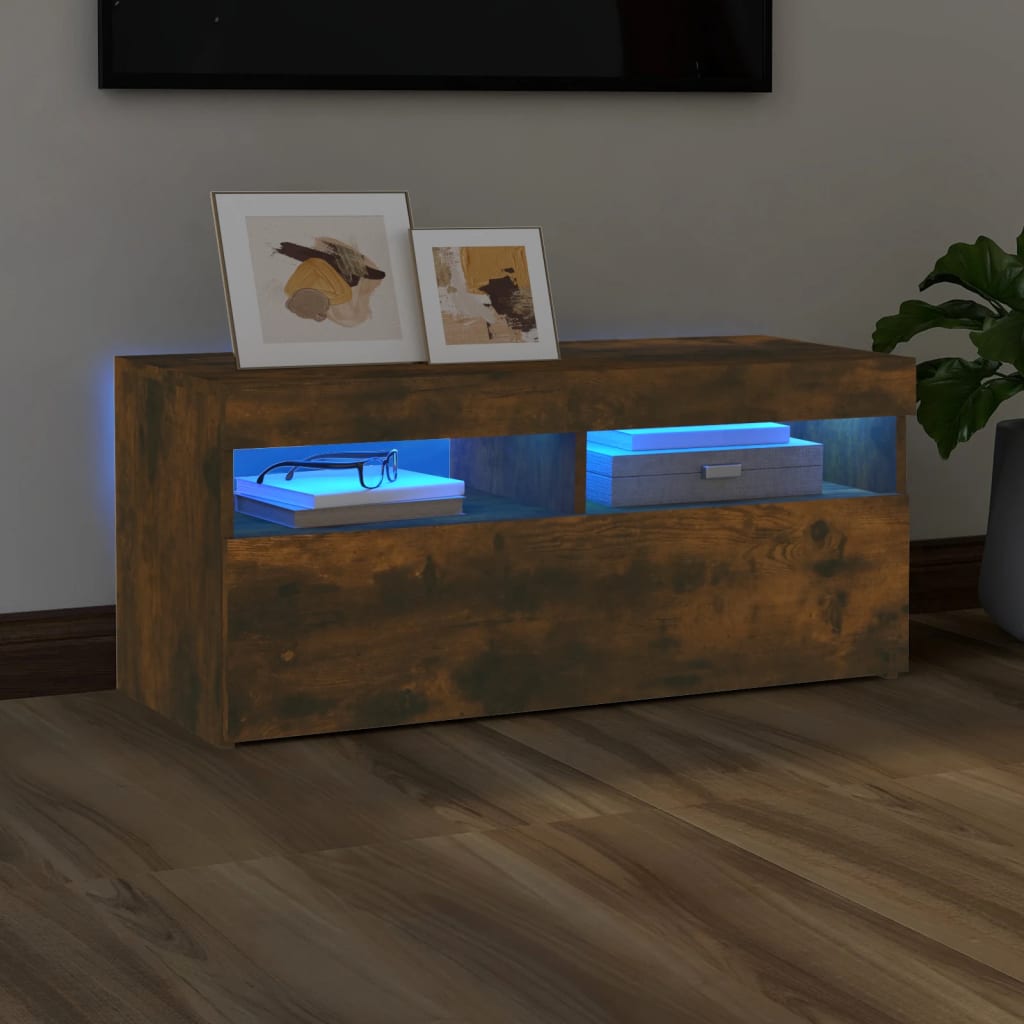 vidaXL TV Cabinet with LED Lights Smoked Oak 90x35x40 cm