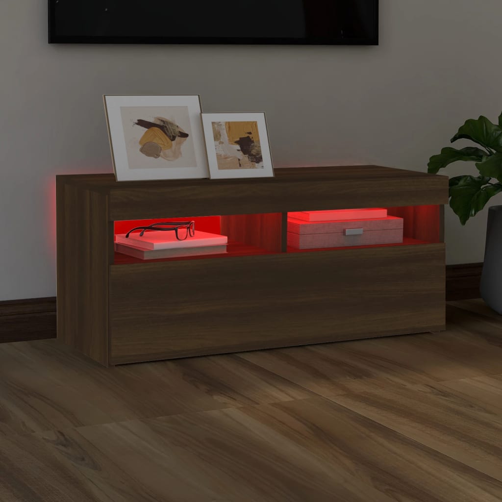 vidaXL TV Cabinet with LED Lights Brown Oak 90x35x40 cm