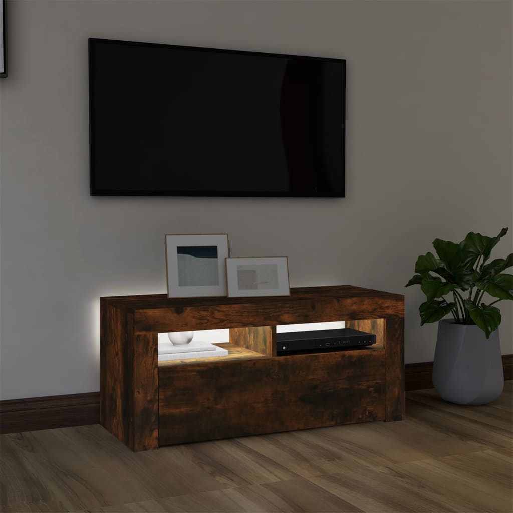 vidaXL TV Cabinet with LED Lights Smoked Oak 90x35x40 cm