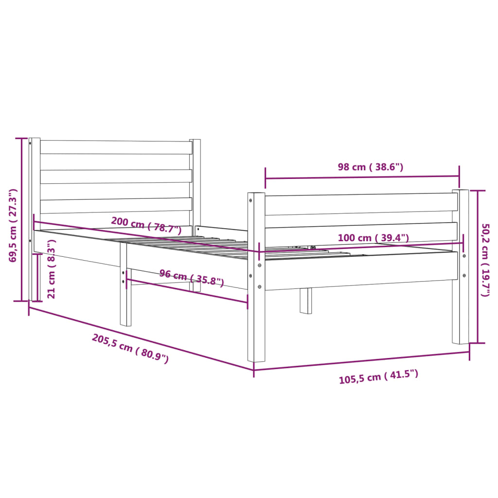 vidaXL Bed Frame without Mattress Solid Wood 100x200 cm