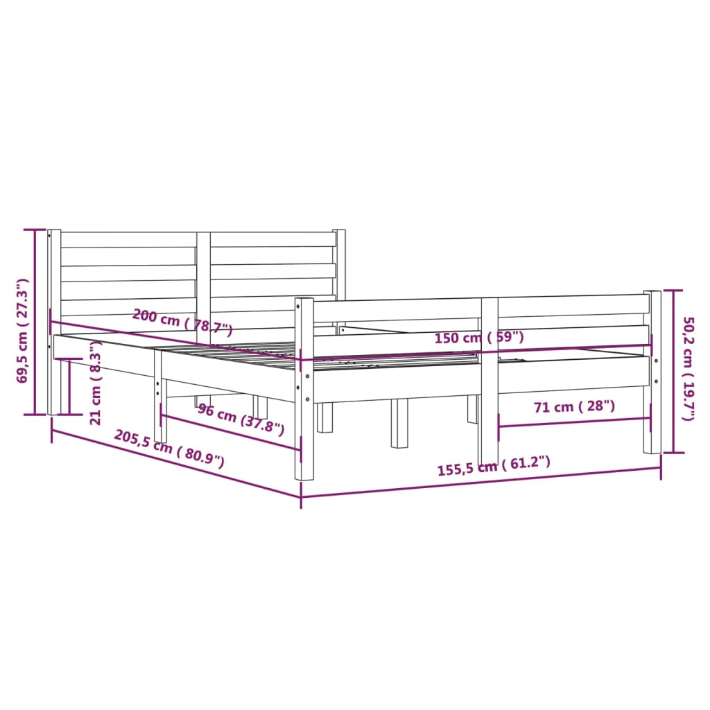 Bed Frame without Mattress Grey Solid Wood 150x200 cm King Size King Size