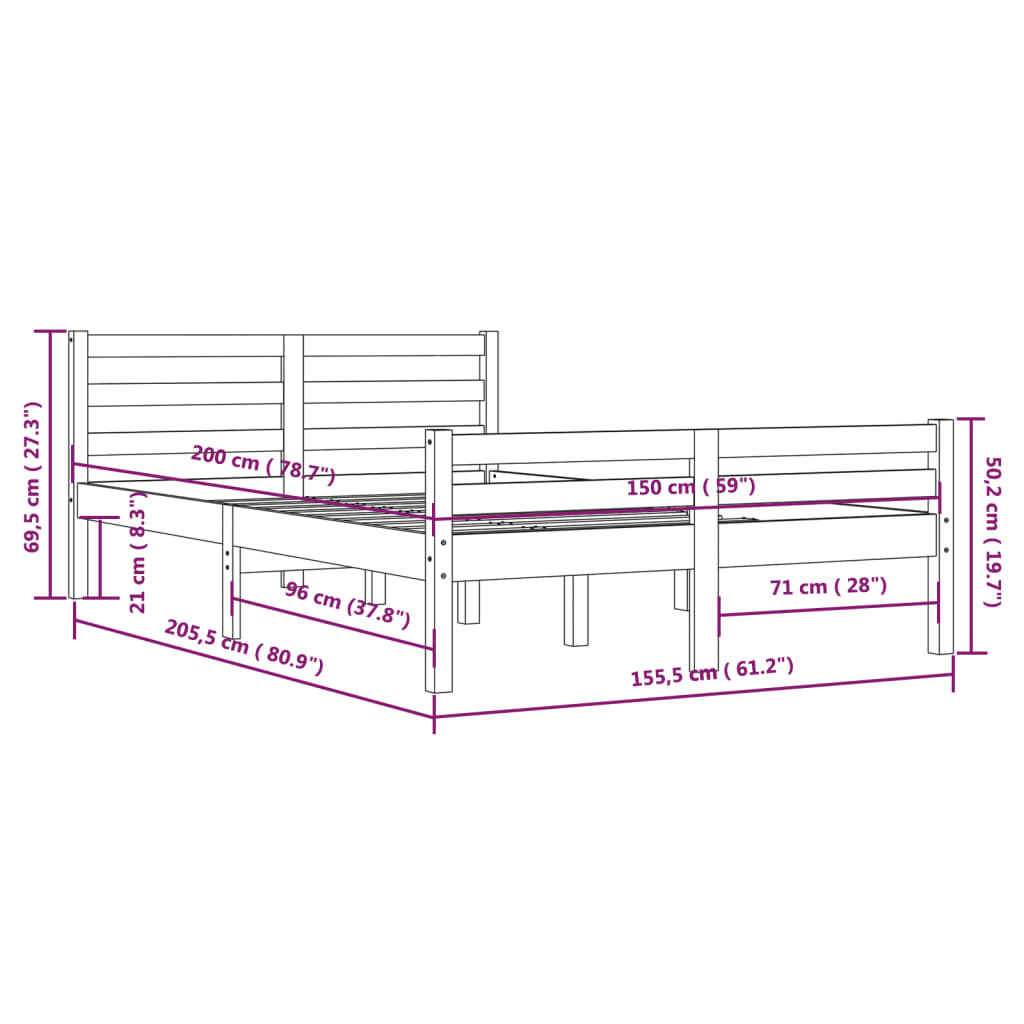 vidaXL Bed Frame without Mattress Black Solid Wood 150x200 cm King Size King Size