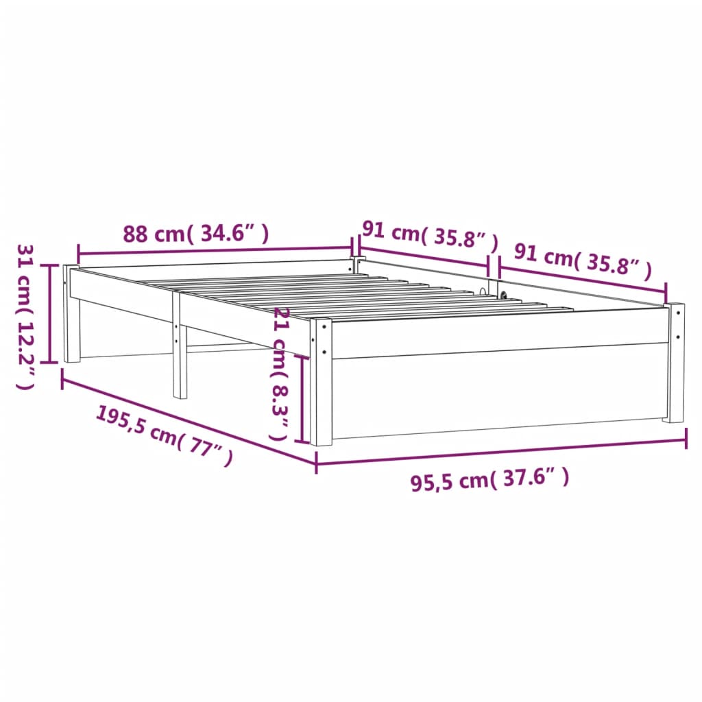 vidaXL Bed Frame without Mattress Black Solid Wood 90x190 cm Single Single