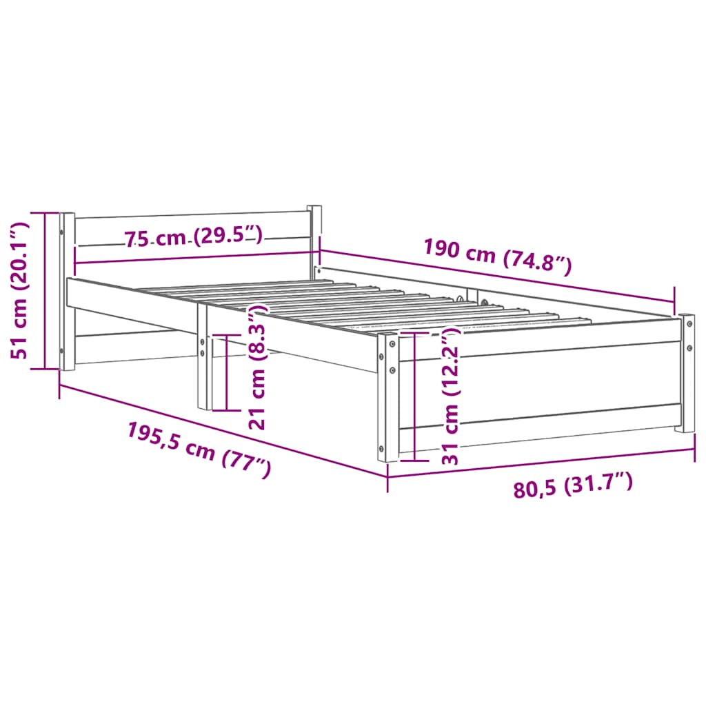 Bed Frame without Mattress Solid Wood 75x190 cm Small Single Small Single