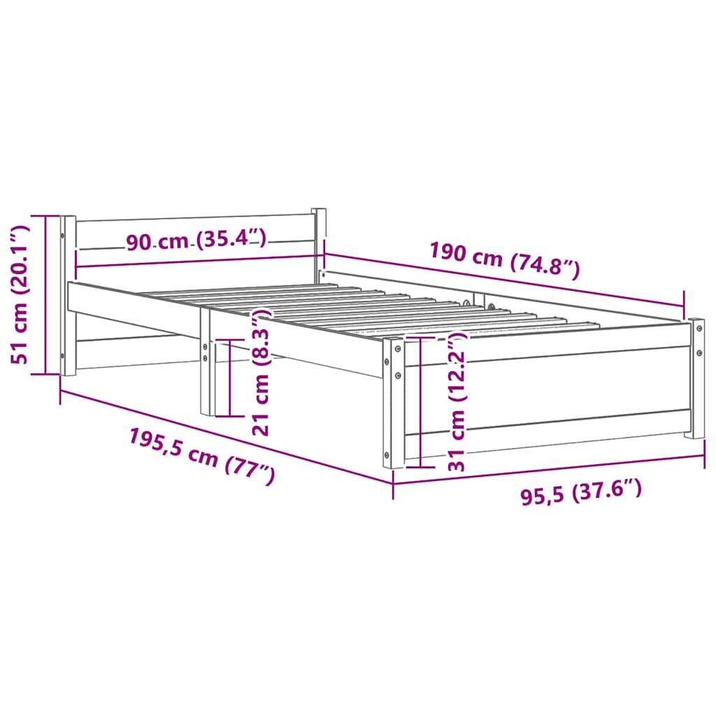 Bed Frame without Mattress White Solid Wood 90x190 cm Single Single