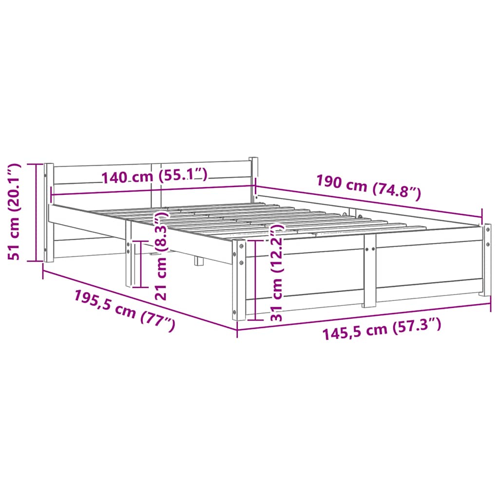 Bed Frame without Mattress Black Solid Wood 140x190 cm