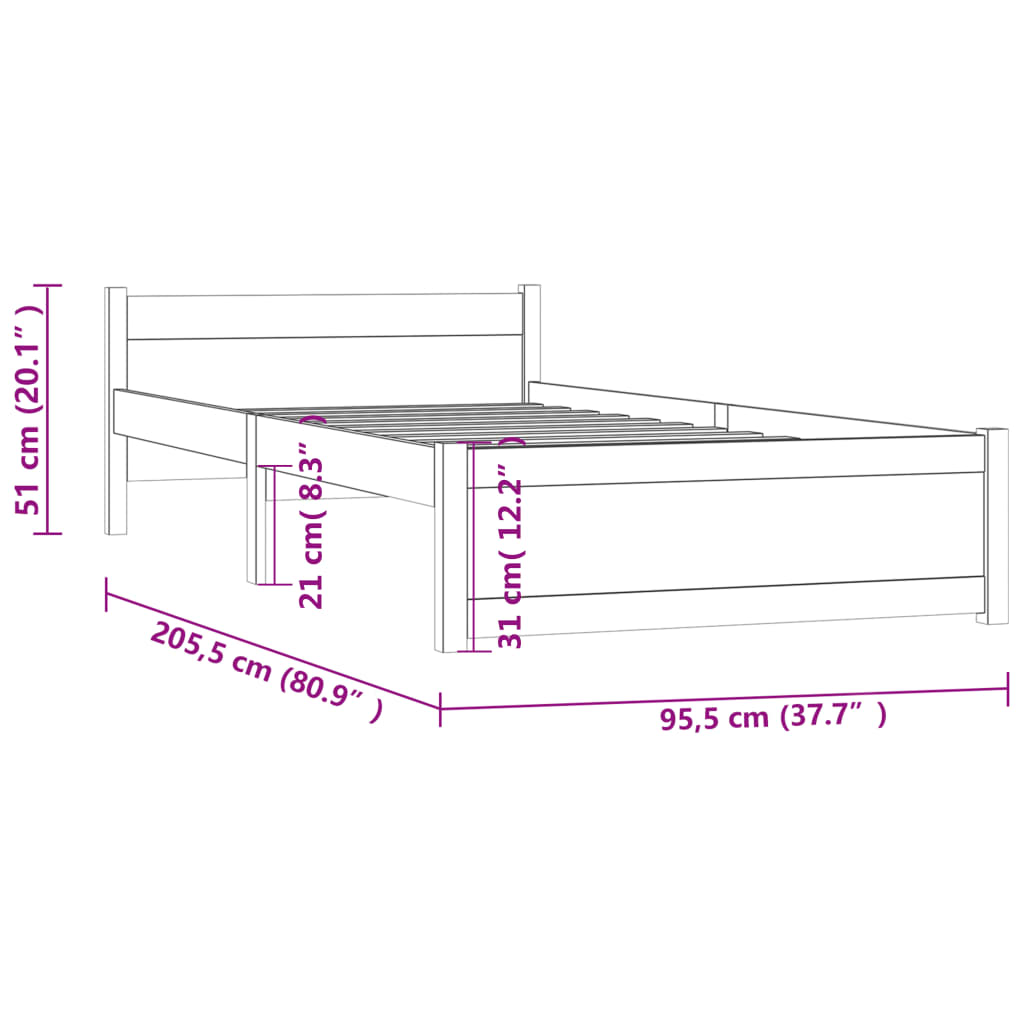 vidaXL Bed Frame without Mattress White Solid Wood 90x200 cm