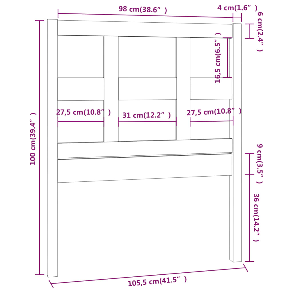 vidaXL Bed Headboard Grey 105.5x4x100 cm Solid Wood Pine