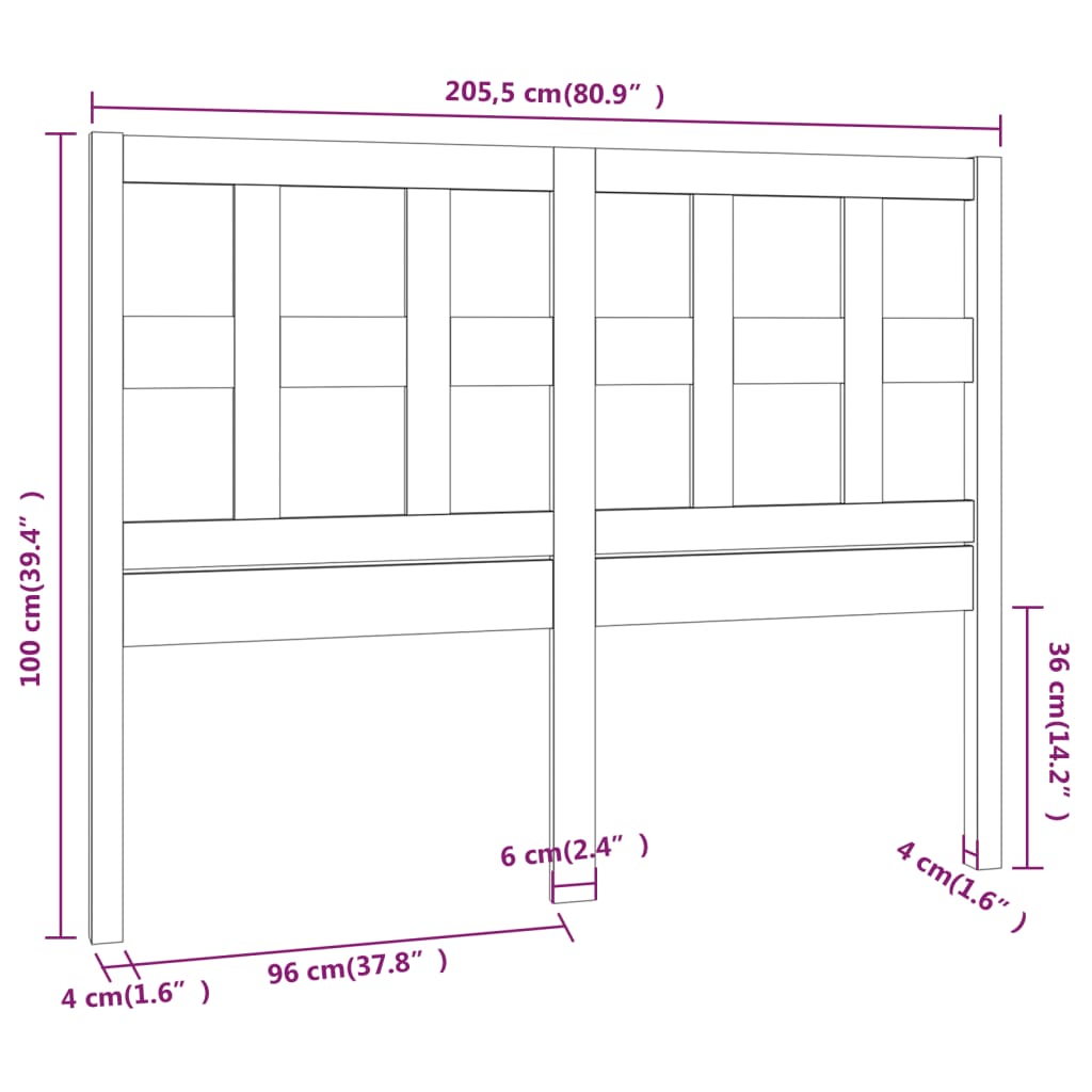 vidaXL Bed Headboard Black 205.5x4x100 cm Solid Wood Pine